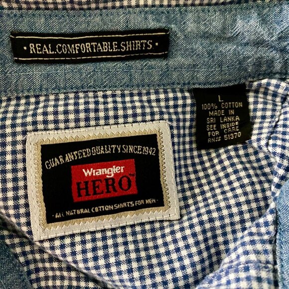 Wrangler Hero Blue White Checked Short Sleeve Button Up Cotton Shirt Men's Large - Picture 5 of 6